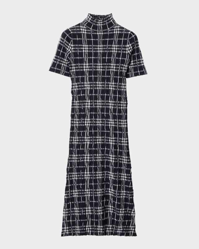 Check Short-Sleeve Crinkle Midi Dress